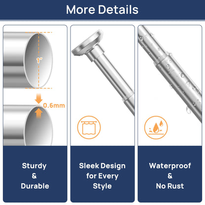 Shower Curtain Rod 30 to 76 Inches, 1 Inch Adjustable Spring Tension Stainless Steel Shower Rod No Drill for Bathroom, Closet, Window, Room Divider, Never Rust, Non Slip, Chrome
