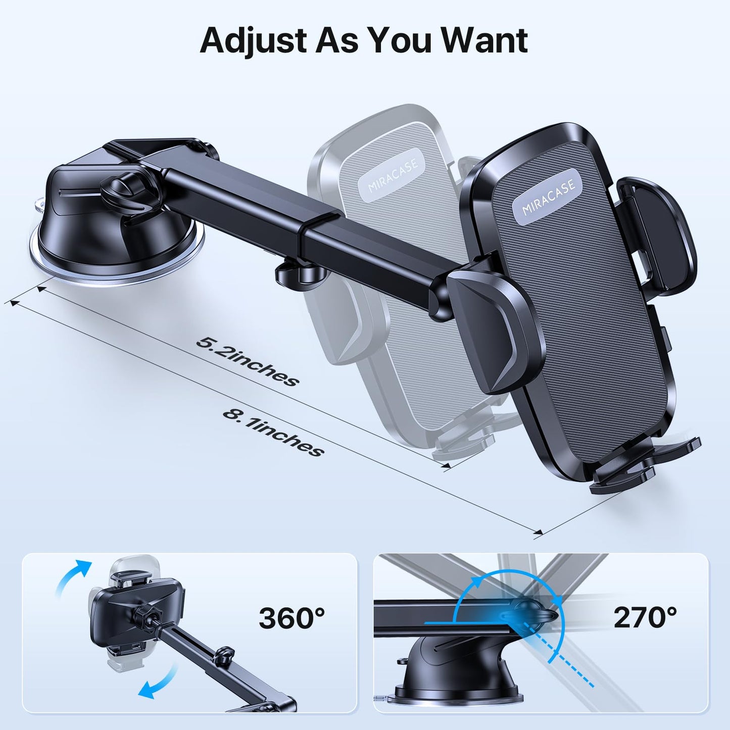 Miracase Car Phone Mount, [Upgraded Strong Military Grade Suction Cup] Long Arm Phone Holder for Car Dashboard Windshield Vent, Hands Free Cell Phone Holder Compatible with All Mobile Phones