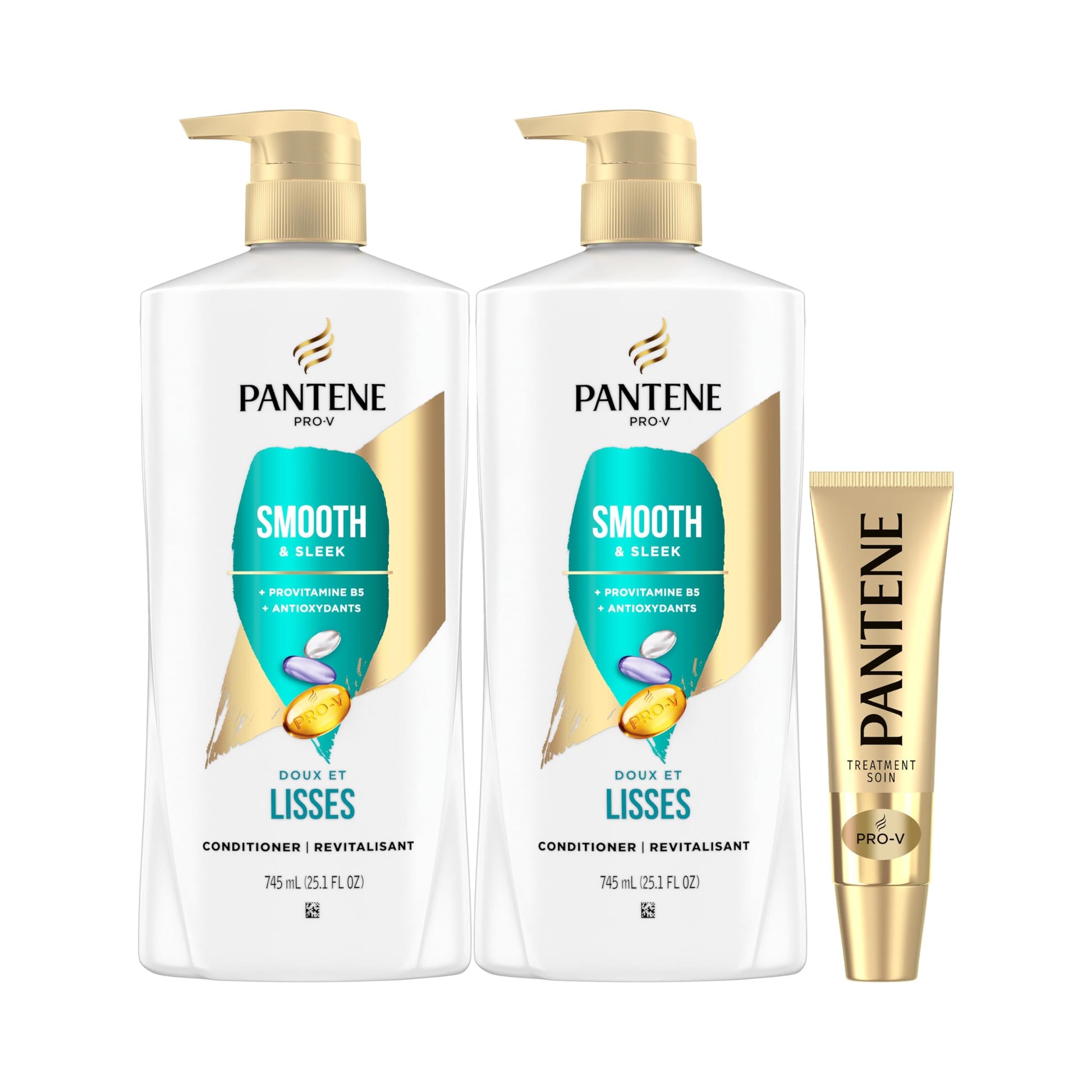 Pantene PRO-V Smooth & Sleek Conditioner, 1.49 L Total (2 Packs of 745 mL) and 15 mL Intense Rescue Shot Treatment for dry hair Pantene