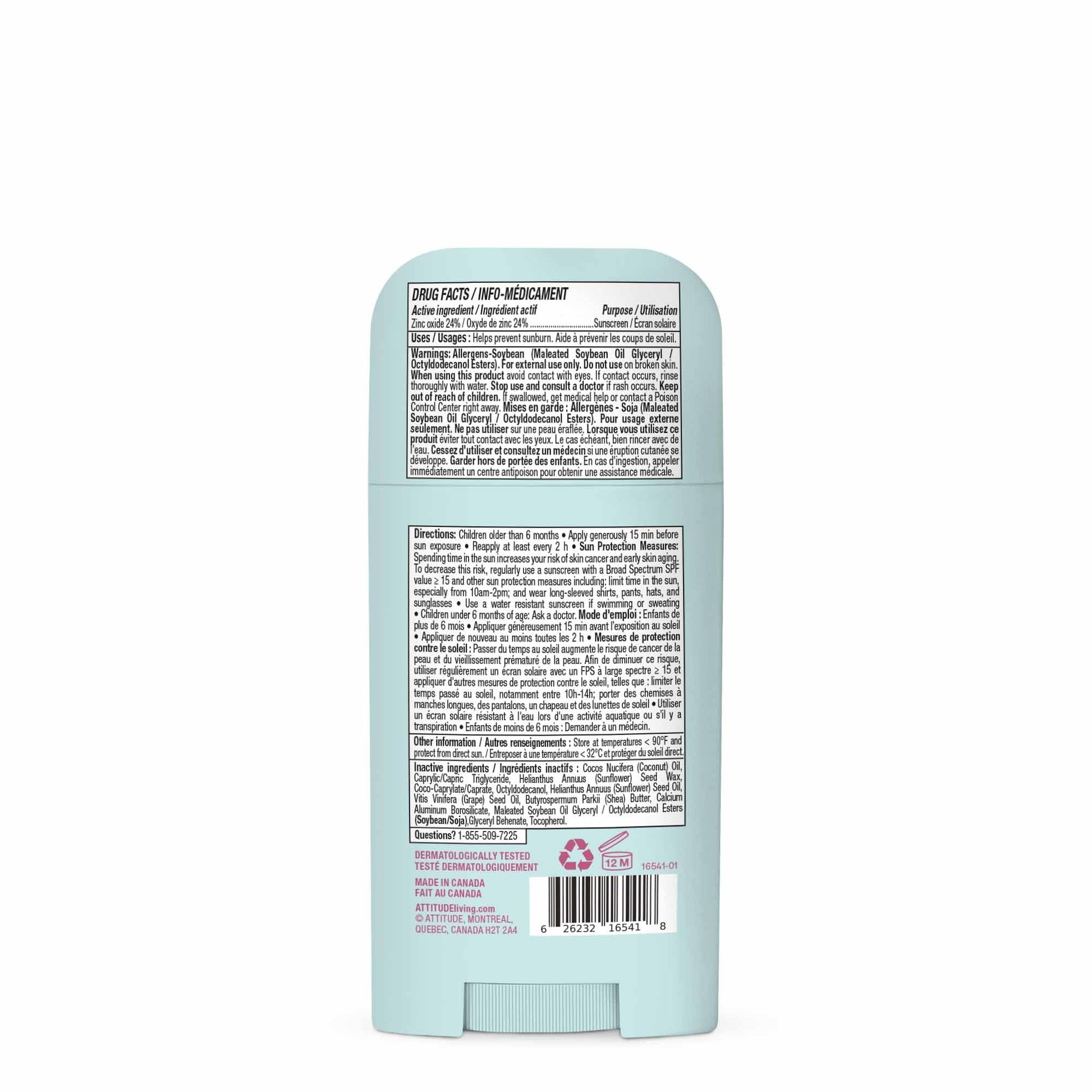 ATTITUDE Baby Mineral Sunscreen Stick SPF 50, Broad Spectrum Zinc Oxide, EWG Verified, Non-Nano, Mess-Free Stick for Face & Body, Lightweight Non-Greasy, Vegan, Unscented, 60 grams - Available at All In One Marketplace Canada
