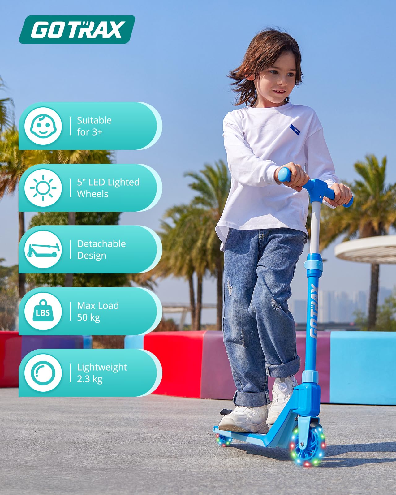 Gotrax K03 Kick Scooter for Kids, 5" LED Lighted Wheels and Adjustable Handlebars, Lightweight Design and Anti-Slip Deck, Max Load 110 Lbs, Kids Scooter for Boys & Girls Ages 3+, Blue - Available at All In One Marketplace Canada