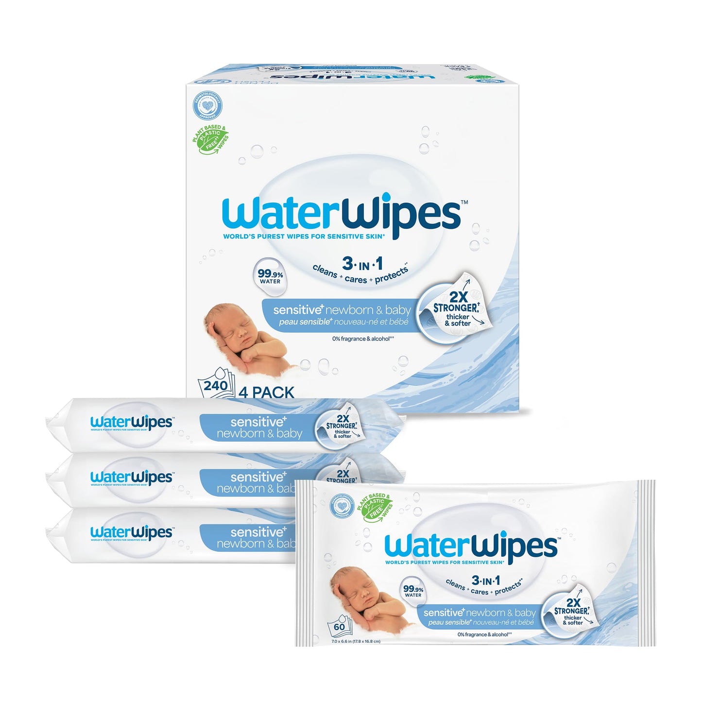 WaterWipes Lingettes Bébé Originales Sans Plastique, Lingettes à 99,9% à Base d'Eau, Sans Parfum & Hypoallergéniques pour Peau Sensible, 240 Unités (4 paquets), L'emballage Peut Varier
