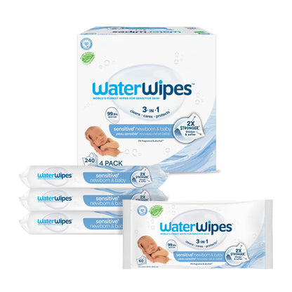 WaterWipes Lingettes Bébé Originales Sans Plastique, Lingettes à 99,9% à Base d'Eau, Sans Parfum & Hypoallergéniques pour Peau Sensible, 240 Unités (4 paquets), L'emballage Peut Varier