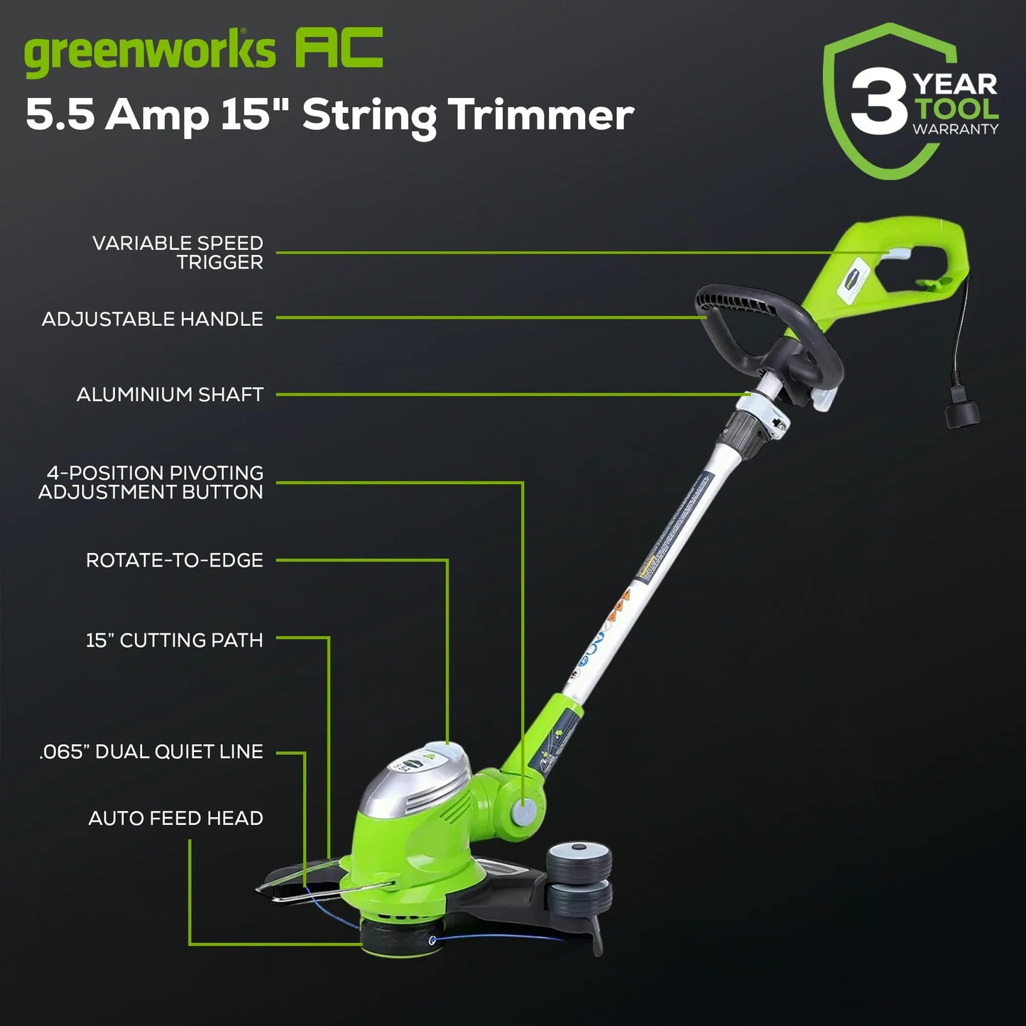 Greenworks 5.5 Amp 15″ Electric String Trimmer/Edger –Auto Dual Line Feed, Adjustable Handle, Rotating Head & Lightweight for Home Yard, Lawn Edges, Driveway, Fence Lines & Garden Borders Maintenance Greenworks