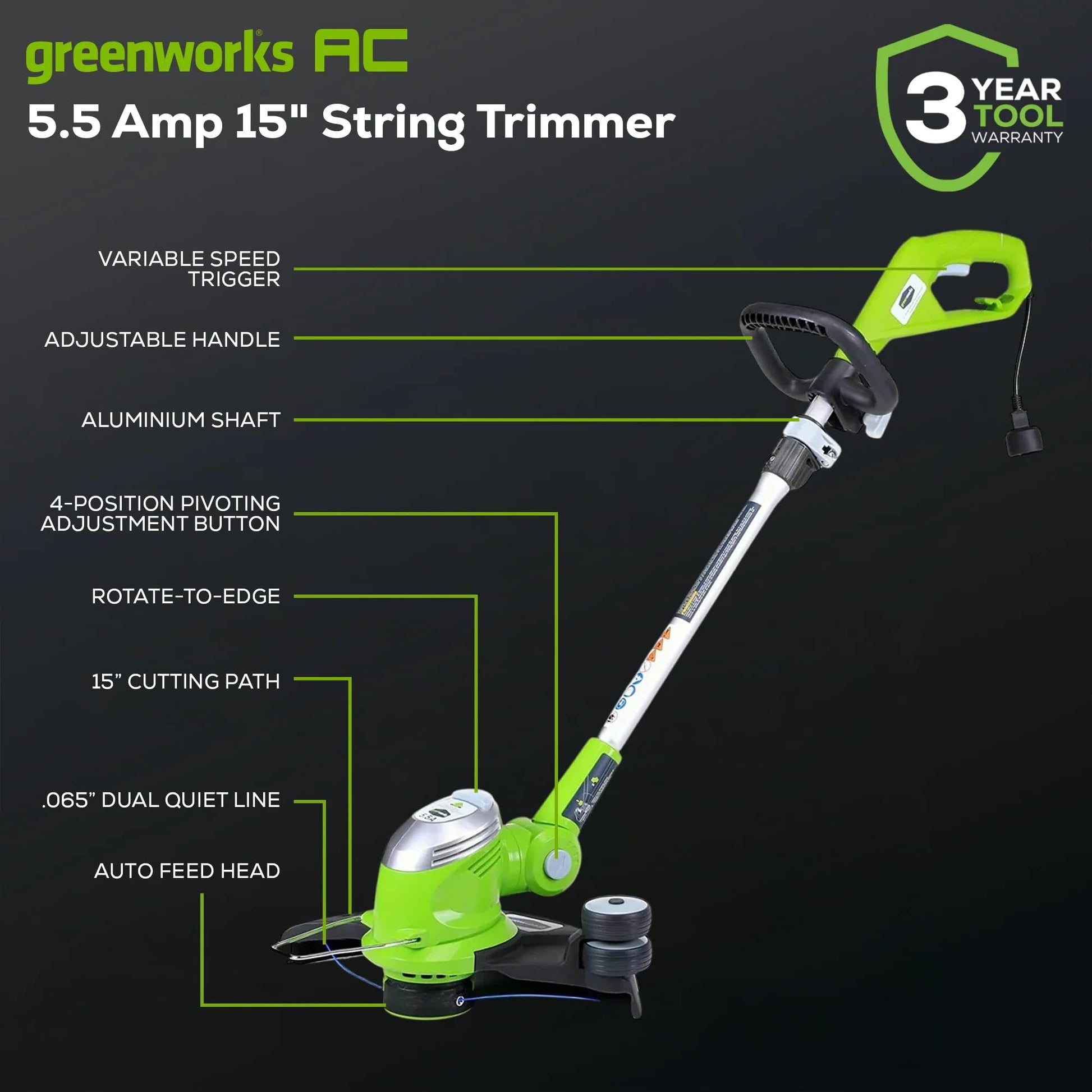 Greenworks 5.5 Amp 15″ Electric String Trimmer/Edger –Auto Dual Line Feed, Adjustable Handle, Rotating Head & Lightweight for Home Yard, Lawn Edges, Driveway, Fence Lines & Garden Borders Maintenance Greenworks