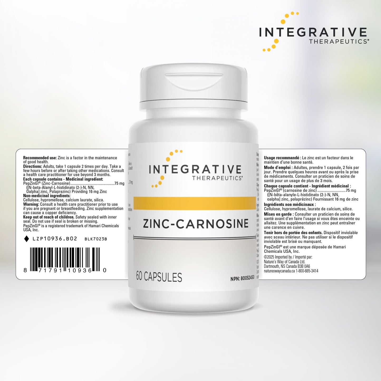 Integrative Therapeutics Zinc Carnosine – Premium Zinc Supplement – 75mg of Zinc Carnosine – Factor in the Maintenance of Good Health - PepZin GI – 60 Capsules - Available at All In One Marketplace Canada
