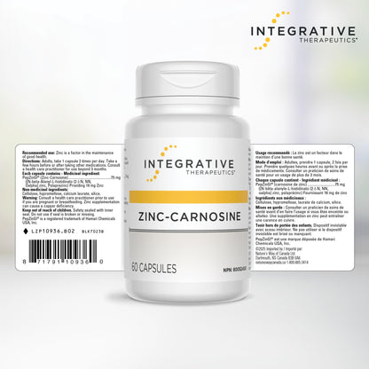Integrative Therapeutics Zinc Carnosine – Premium Zinc Supplement – 75mg of Zinc Carnosine – Factor in the Maintenance of Good Health - PepZin GI – 60 Capsules - Available at All In One Marketplace Canada