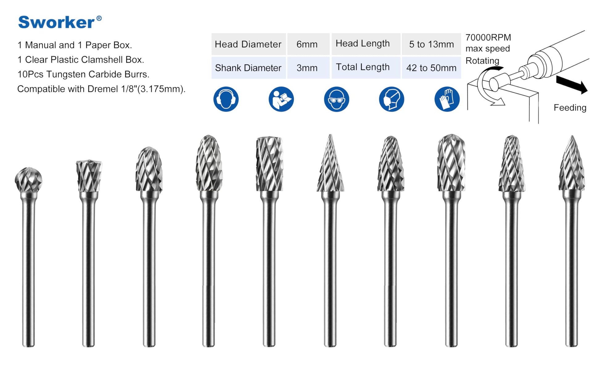 Sworker 10Pcs 1/8" Shank Carbide Burrs Set Bits Compatible with Dremel Metal Grinding Wood Stone Carving Cutting Engraving Grinder Kit Attachment Rotary Tool Accessories - Available at All In One Marketplace Canada