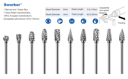 Sworker 10Pcs 1/8" Shank Carbide Burrs Set Bits Compatible with Dremel Metal Grinding Wood Stone Carving Cutting Engraving Grinder Kit Attachment Rotary Tool Accessories - Available at All In One Marketplace Canada