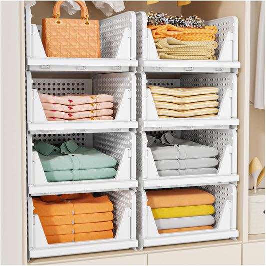 SNSLXH 5 Pack White Stackable Closet Organizer Box, Multifunctional & Foldable Storage Basket for Bathroom, Kitchen, Laundry Room, Wardrobe, Space-Saving Clothes Storage Drawer Organizer