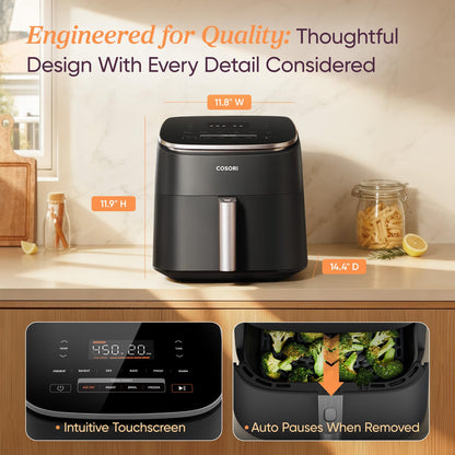 Cosori Air Fryer 6QT 9-in-1 TurboBlaze, 90°– 450°F, Precise Heating for Even Results, Air Fry, Roast, Bake, Broil, Dry, Frozen, Proof, Reheat, Keep Warm, 130+ Recipes, Dishwasher Safe, Dark Gray