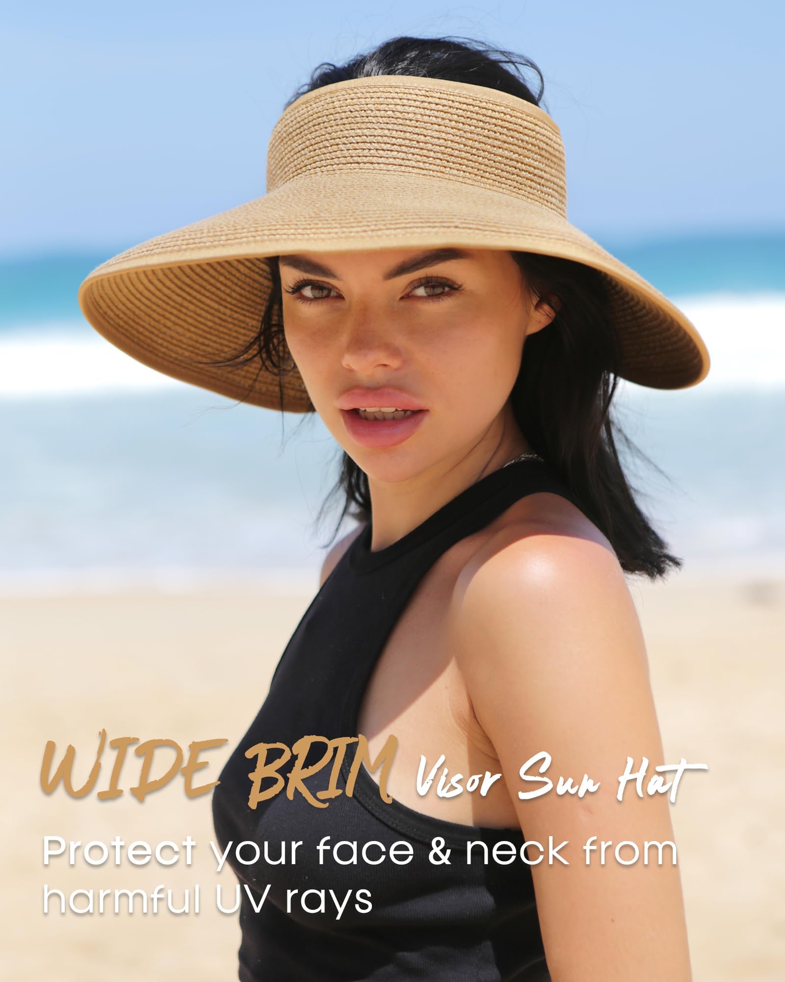 FURTALK Sun Visor Hats for Women Wide Brim Straw Roll Up Ponytail Summer Beach Hat UV UPF 50 Packable Foldable Travel - Available at All In One Marketplace Canada