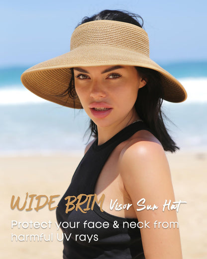 FURTALK Sun Visor Hats for Women Wide Brim Straw Roll Up Ponytail Summer Beach Hat UV UPF 50 Packable Foldable Travel - Available at All In One Marketplace Canada