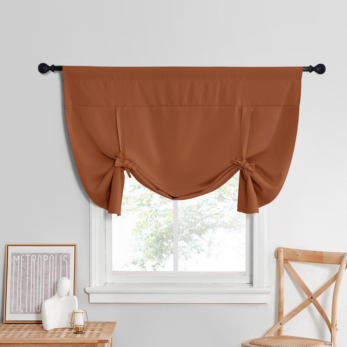 NICETOWN Thermal Insulated Short Shades Roman Curtains for Kitchen Tie Up Curtains for The Window Balloon Shades for Small Windows Halloween Decor, 52 x 45 Inch, Burnt Orange, 1 Panel