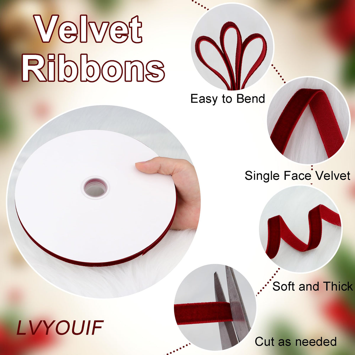 Velvet Ribbon 3/8 Inch x 30 Yards LVYOUIF Single Side Flocked Christmas Ribbon Roll for Gift Wrapping, Bouquets, Tree Bows, Holiday & Party Decoration Burgundy -240 🍁 All In One Marketplace Canada