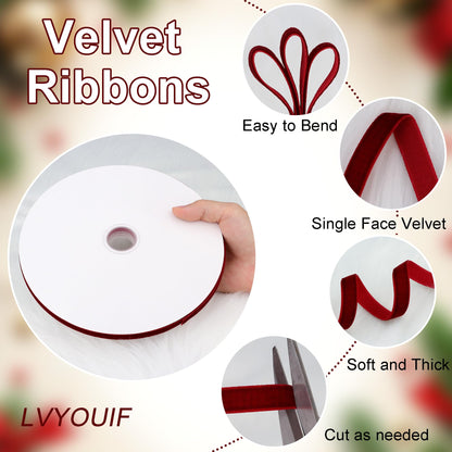 Velvet Ribbon 3/8 Inch x 30 Yards LVYOUIF Single Side Flocked Christmas Ribbon Roll for Gift Wrapping, Bouquets, Tree Bows, Holiday & Party Decoration Burgundy -240 🍁 All In One Marketplace Canada