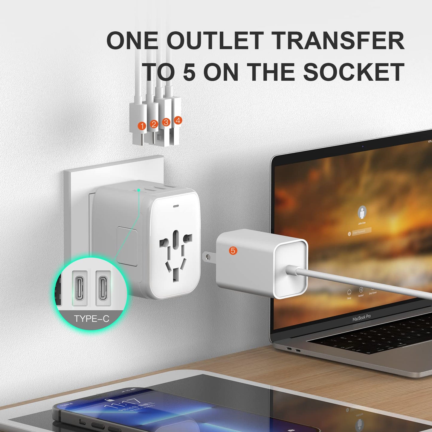 VYLEE Universal International Power Travel Plug Adapter, 5 in 1 European Travel Plug Adapter W/ 3.5A 2xUSB-A and 2xUSB C Wall Charger and Worldwide AC Outlet for Europe USA UK AUS Asia (White)