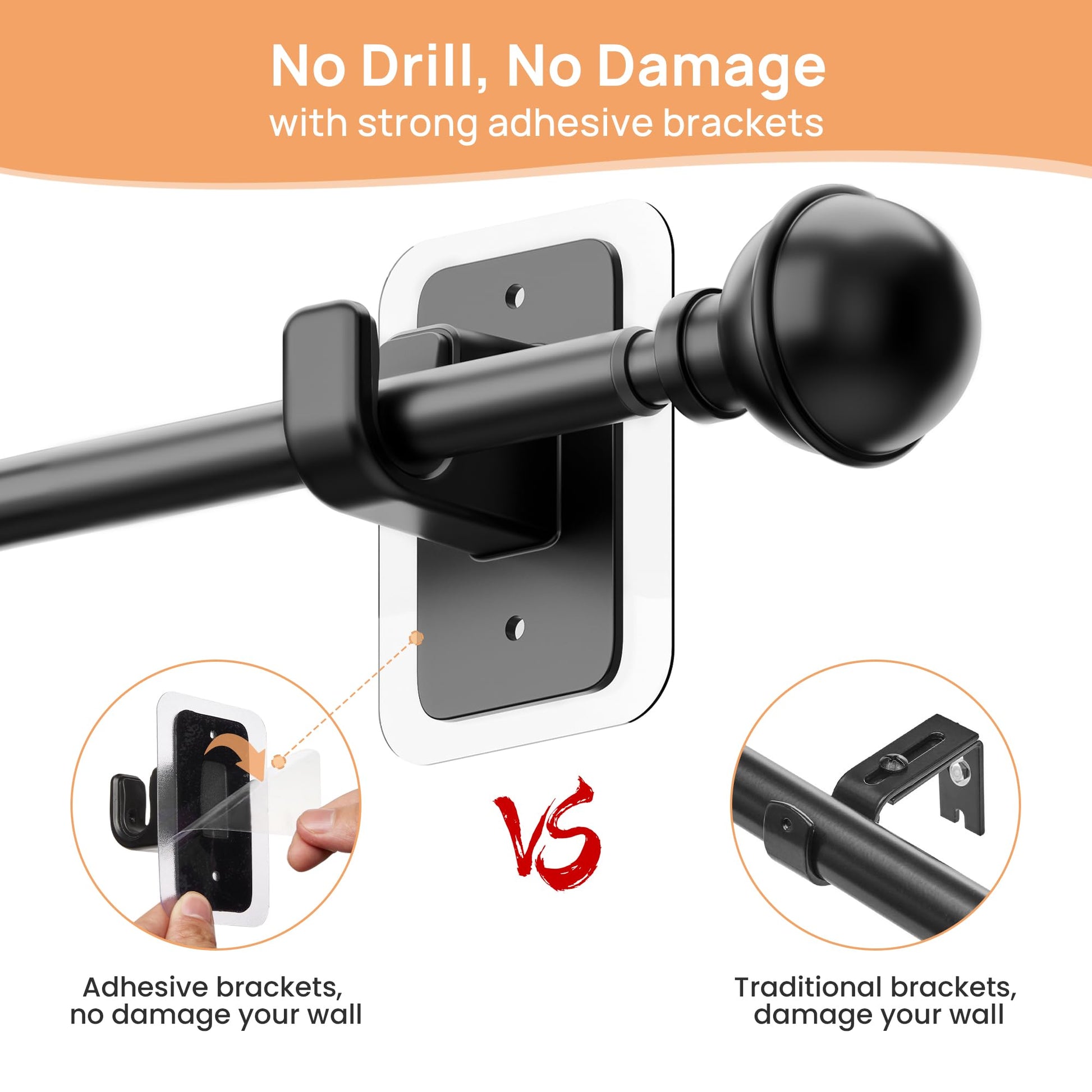 upsimples No Drill Curtain Rods for Window 28 to 48 Inches, 5/8 Inch Diameter Renter Friendly Drapery Rod with Adhesive Brackets without Drilling, Adjustable from 27 to 52 Inches, Black