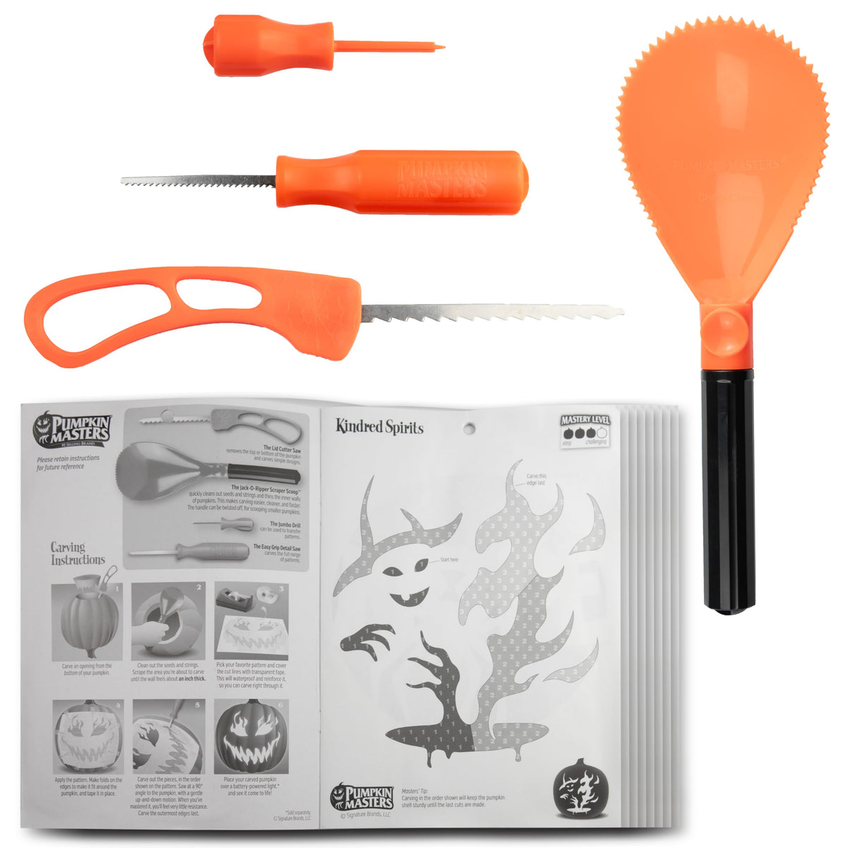 Kit de sculpture tout-en-un premium Pumpkin Masters – Kit complet de sculpture de citrouille d'Halloween avec grands outils à manche et nouveaux motifs