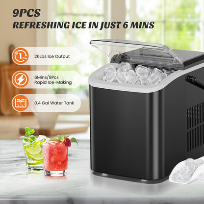 Sweetcrispy Countertop Ice Maker with Handle, 26lbs/24H Portable Ice Machine, 9 Bullet Ice Cubes Ready in 6 Mins, Self-Cleaning, Quiet Compact Ice Maker for Home, Kitchen, RV, Camping, Black - Available at All In One Marketplace Canada