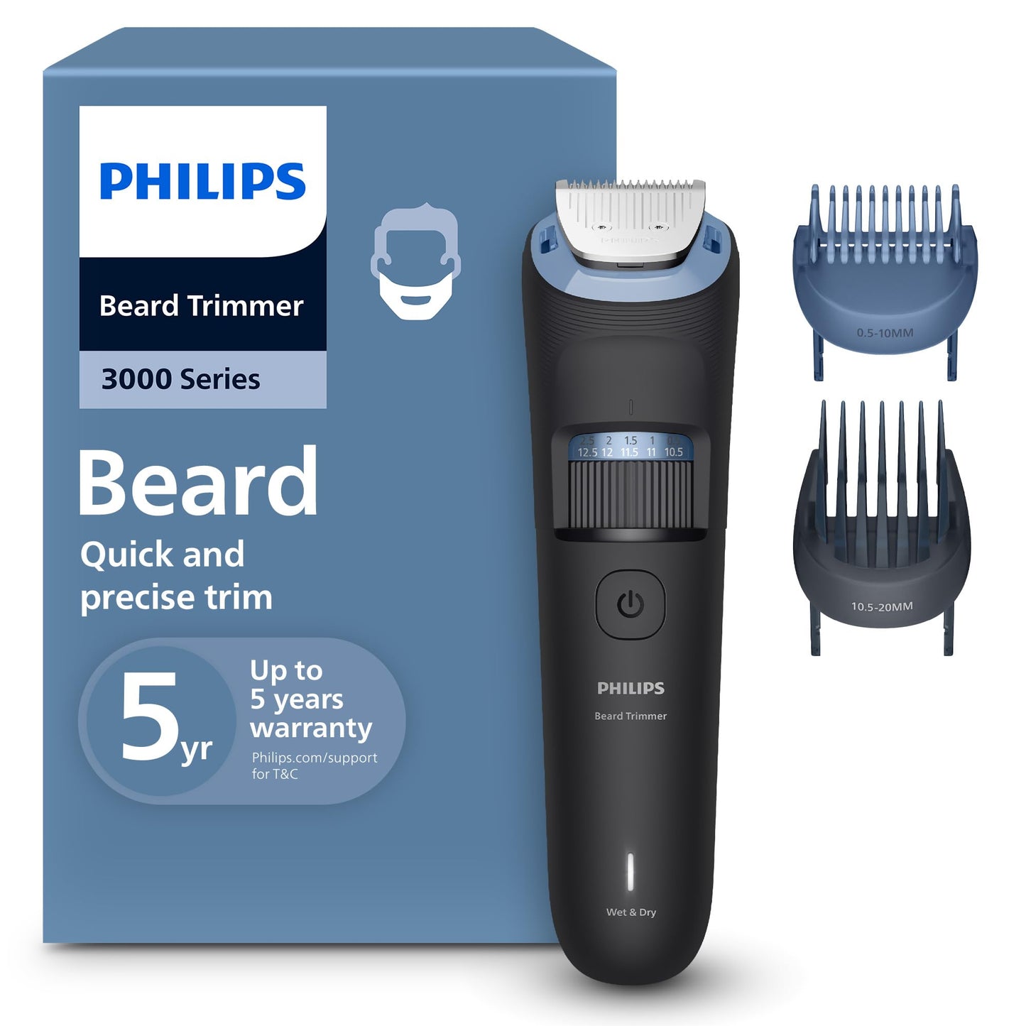 Philips Beard Trimmer 3000 Series - Self-sharpening Metal Blades, 40 Lock-in Settings, Lift&Trim Comb, 100% Waterproof, Battery Indicator, USB Charging, Model BT3660/15 - Available at All In One Marketplace Canada