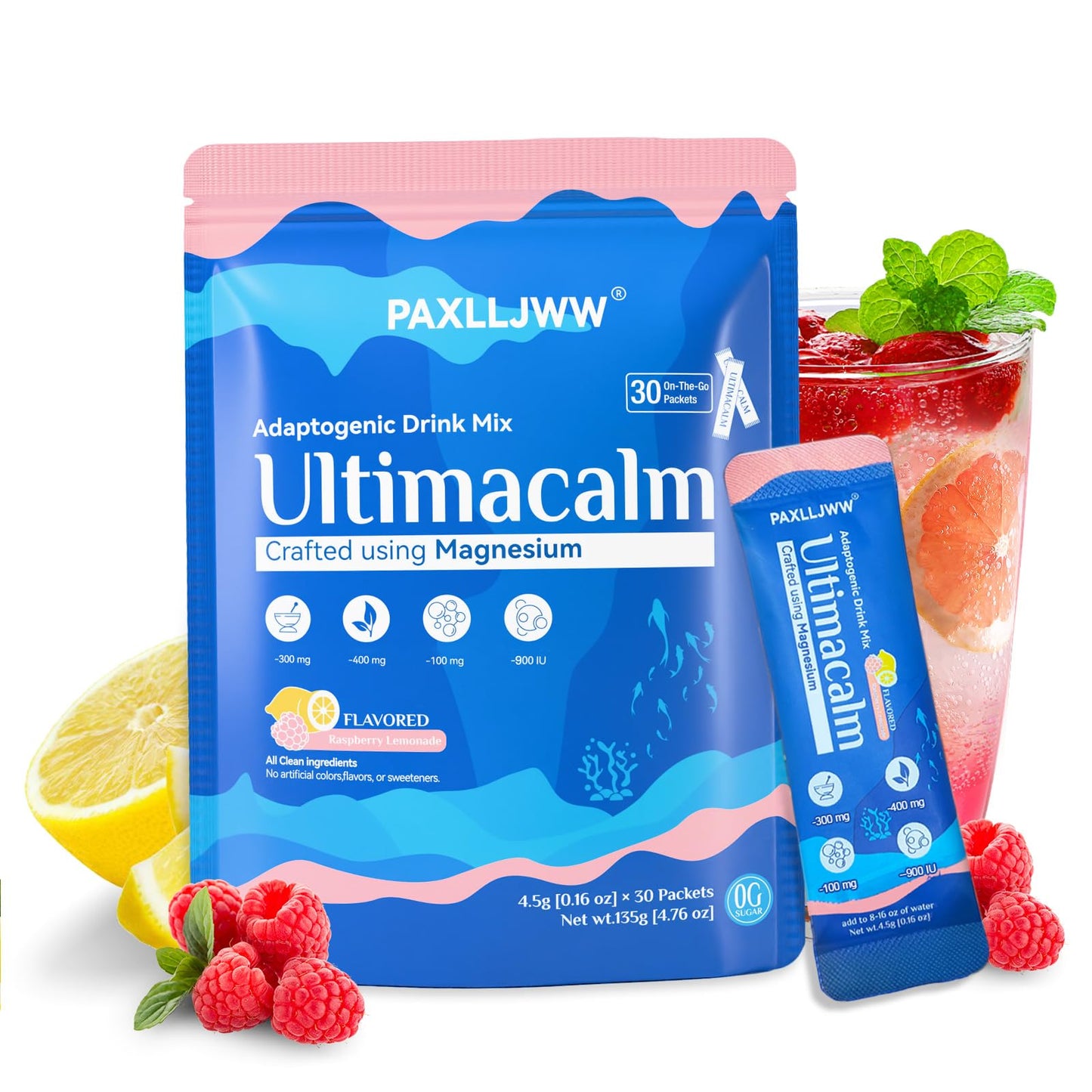 Ultimacalm Super Drink Packets – Sugar-Free Raspberry Lemonade Electrolytes, 30 Sticks