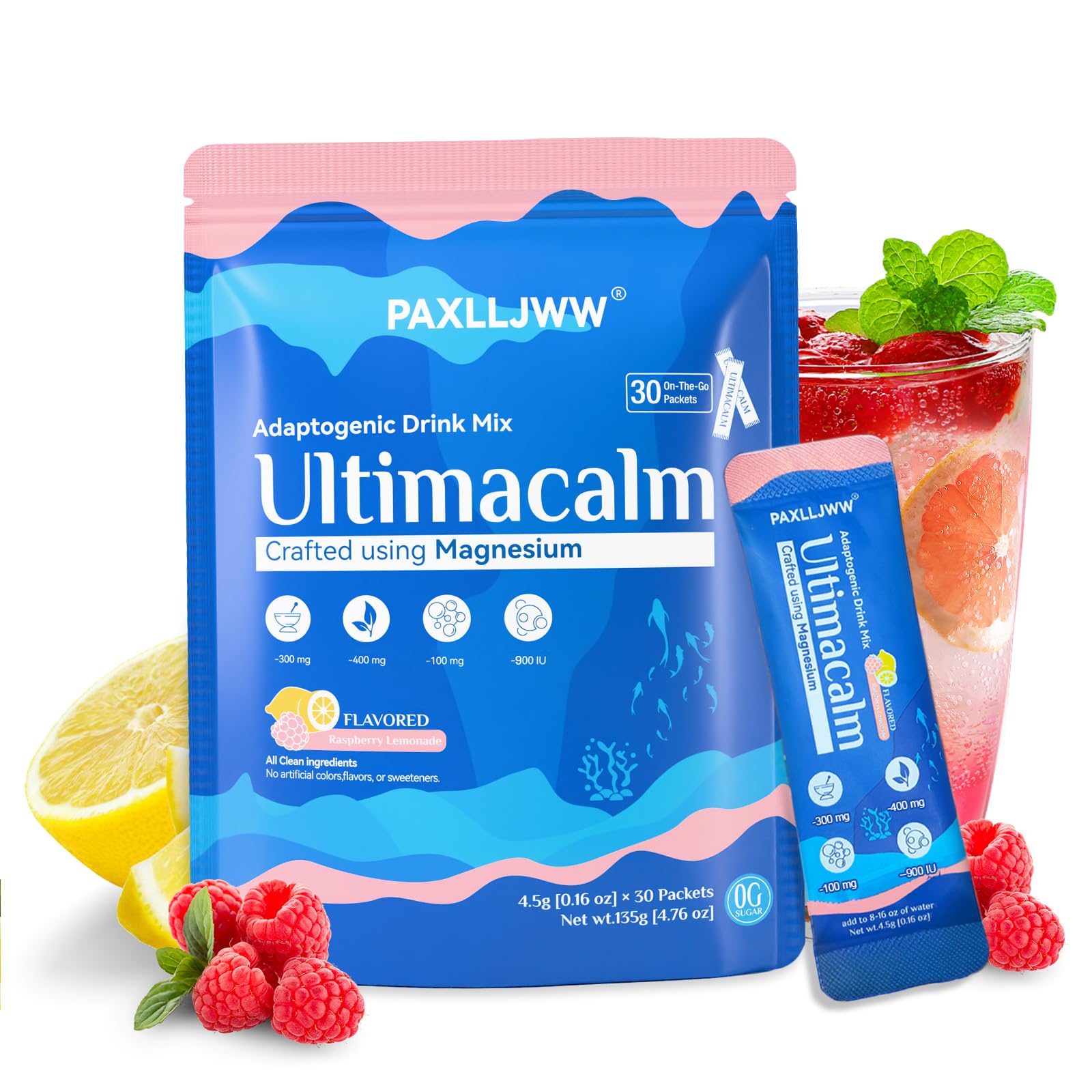 Ultimacalm Super Drink Packets – Sugar-Free Raspberry Lemonade Electrolytes, 30 Sticks