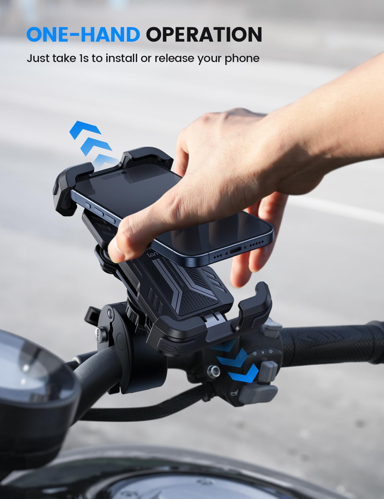 Lamicall Motorcycle Phone Mount Holder - [Dual Vibration Dampener] Anti Shake Motorcycle Phone Mount with Upgraded Handlebar Clamp, Bike Phone Mount for iPhone 14 15 Pro Max 16 17 Pro, 4.7-6.7" Phone