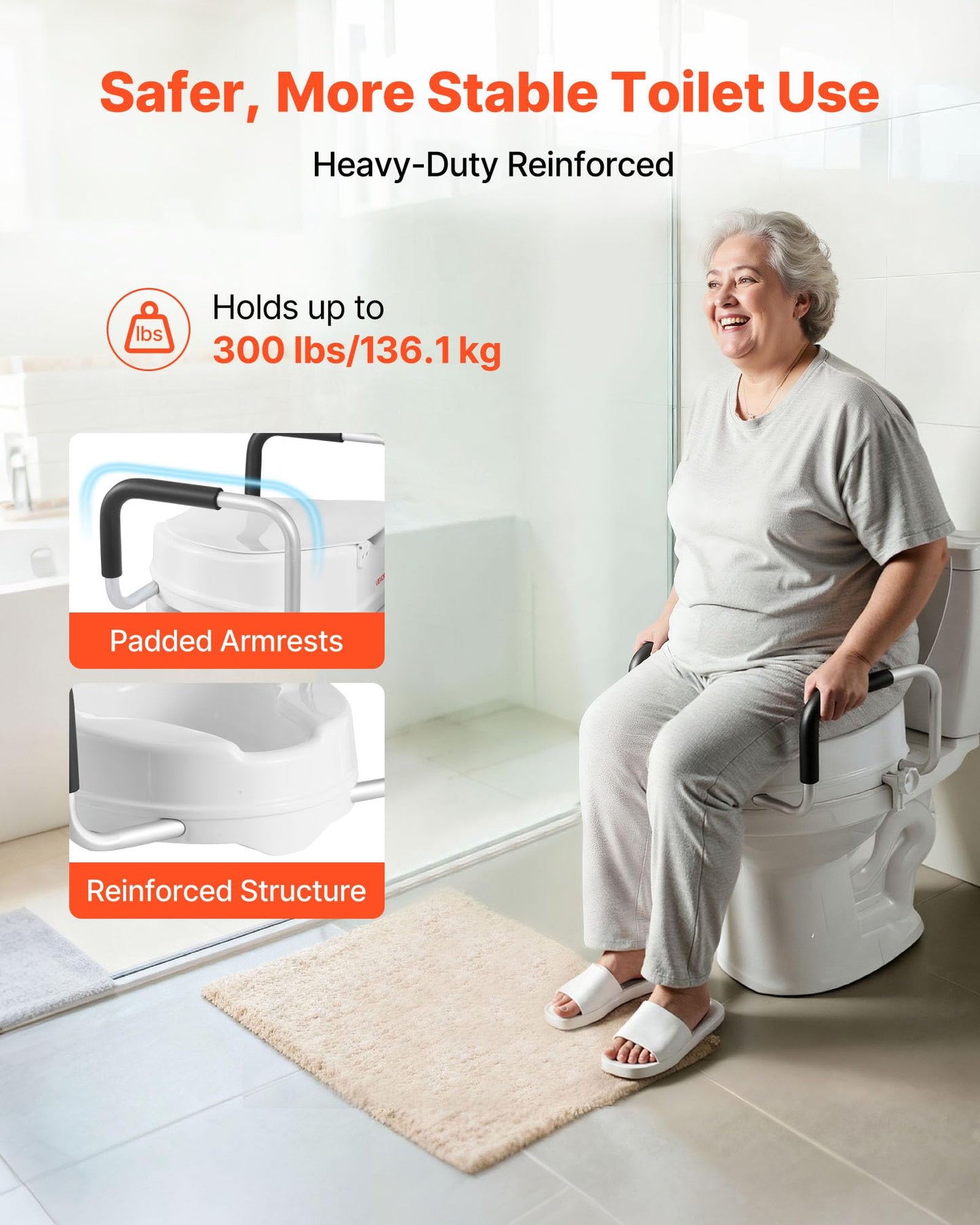 VEVOR Raised Toilet Seat with Arms, 300 lbs Load Capacity, 4-Inch Lift Height, Widened Commode Elevated Toilet Seat Riser with Padded Handles for Seniors, Elderly, Handicap, Disabled, and Adults Use VEVOR