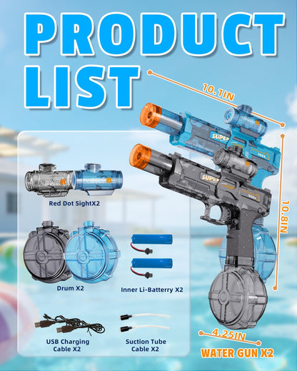 2PCS Electric Water Gun for Kids Adults,Auto Squirt Gun with Flashing Muzzle,26FT Range,Leak-Proof Rechargeable Water Blaster for Summer Pool Beach Water Fights