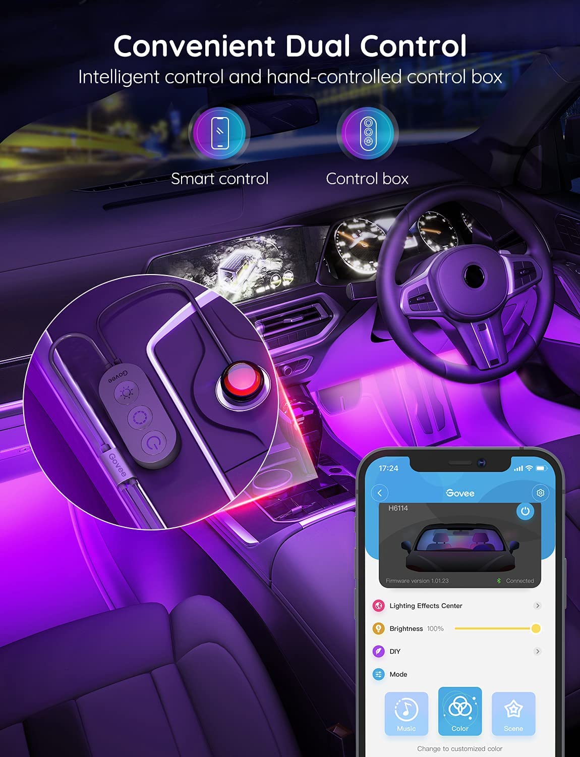 Govee Interior Lights for Car, App Control Smart Car Lights with DIY Mode and Music Mode, Waterproof LED Interior Lights with 2 Lines Design, RGB Under Dash Car LED Lights with Car Charger, DC 12V