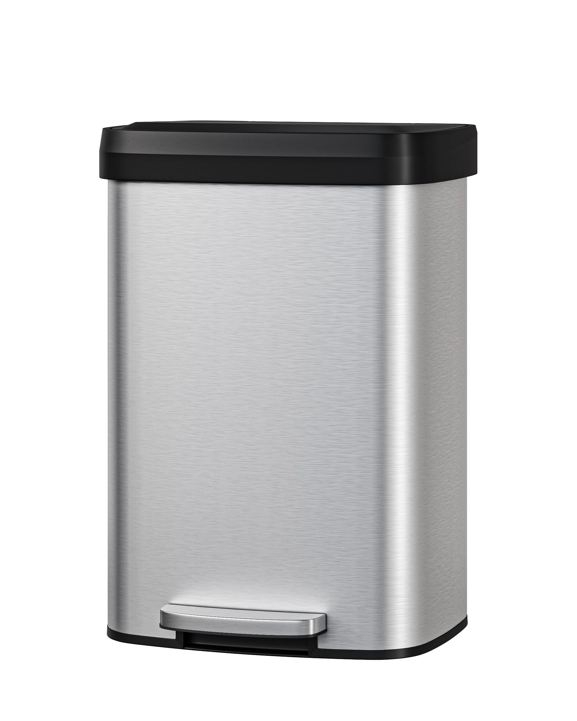 Garvee 13 gal / 50 L Stainless Steel Trash Can with Lid, Large Garbage Can for Kitchen, Rustproof Step-on Kitchen Metal Trash Bin with Liner Rim, Rear Handle, Soft Close Plastic Lid, Silver Garvee