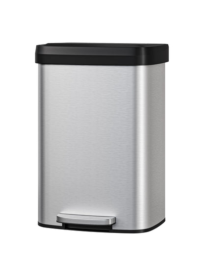 Garvee 13 gal / 50 L Stainless Steel Trash Can with Lid, Large Garbage Can for Kitchen, Rustproof Step-on Kitchen Metal Trash Bin with Liner Rim, Rear Handle, Soft Close Plastic Lid, Silver Garvee
