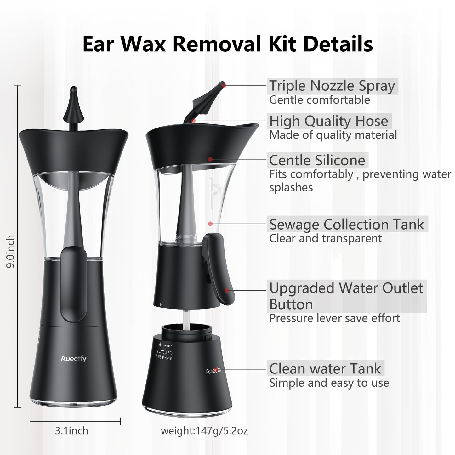 Manual Ear Wax Removal Kit - One-Hand Control Ear Cleaner Tool, Easy to Use Ear Irrigation Flushing System with Soft Silicone Tip for Effective & Safe to Clean Ear Built Up Wax Home Use(Black) - Available at All In One Marketplace Canada