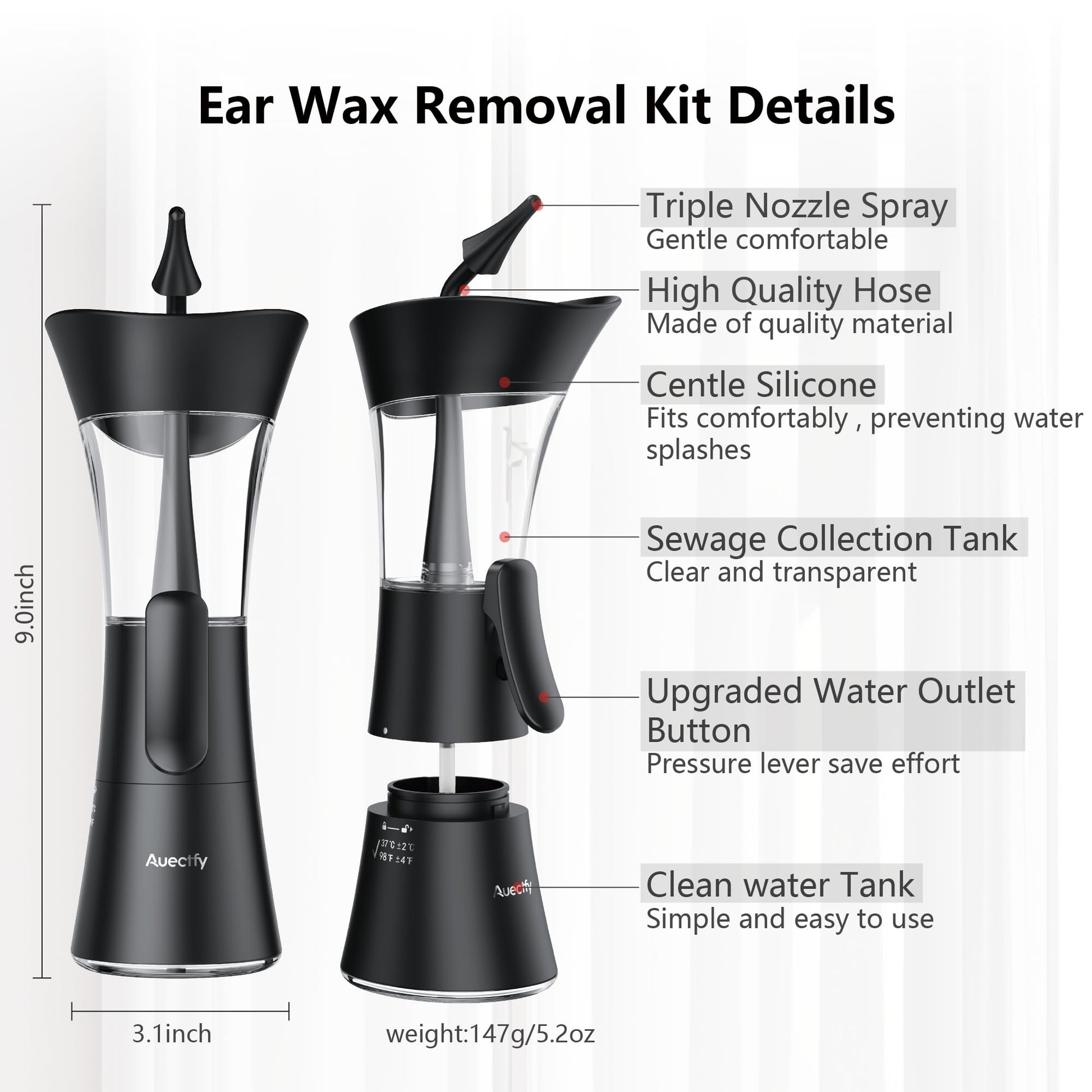 Manual Ear Wax Removal Kit - One-Hand Control Ear Cleaner Tool, Easy to Use Ear Irrigation Flushing System with Soft Silicone Tip for Effective & Safe to Clean Ear Built Up Wax Home Use(Black) - Available at All In One Marketplace Canada