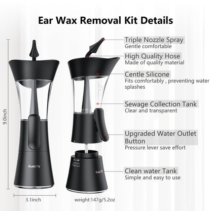 Manual Ear Wax Removal Kit - One-Hand Control Ear Cleaner Tool, Easy to Use Ear Irrigation Flushing System with Soft Silicone Tip for Effective & Safe to Clean Ear Built Up Wax Home Use(Black) - Available at All In One Marketplace Canada