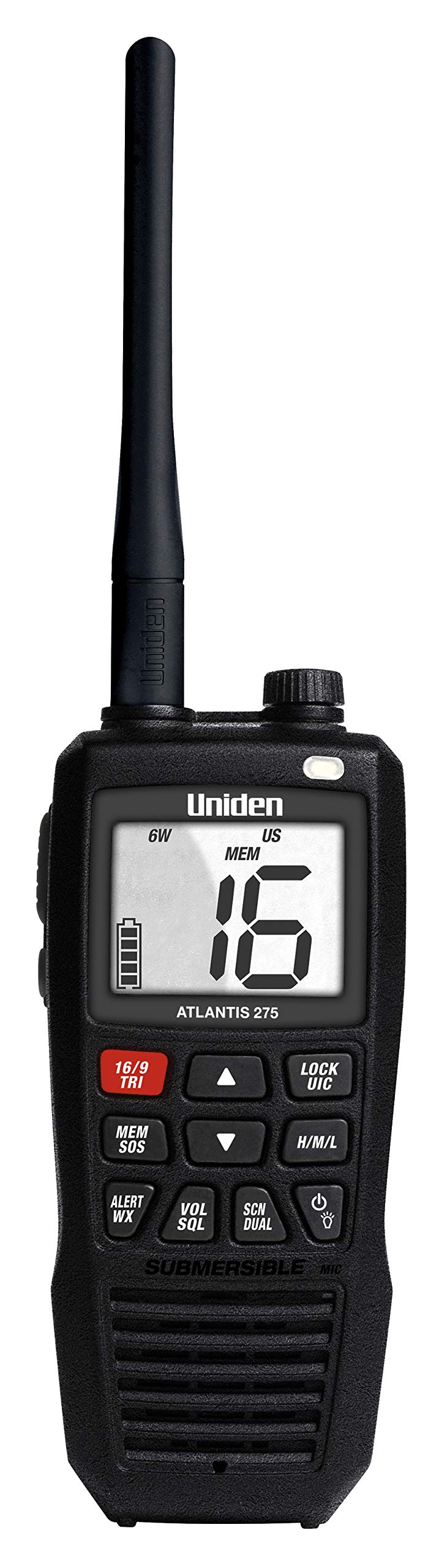 Uniden Atlantis 275 Handheld Two-Way VHF Marine Radio, Floating IPX8 Submersible Waterproof, Large Dual-Color Screen, 6-Watt, All USA/International/Canadian Marine Channels, NOAA Weather Alerts Uniden