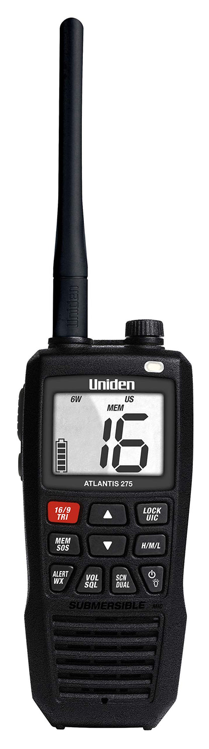 Uniden Atlantis 275 Handheld Two-Way VHF Marine Radio, Floating IPX8 Submersible Waterproof, Large Dual-Color Screen, 6-Watt, All USA/International/Canadian Marine Channels, NOAA Weather Alerts Uniden