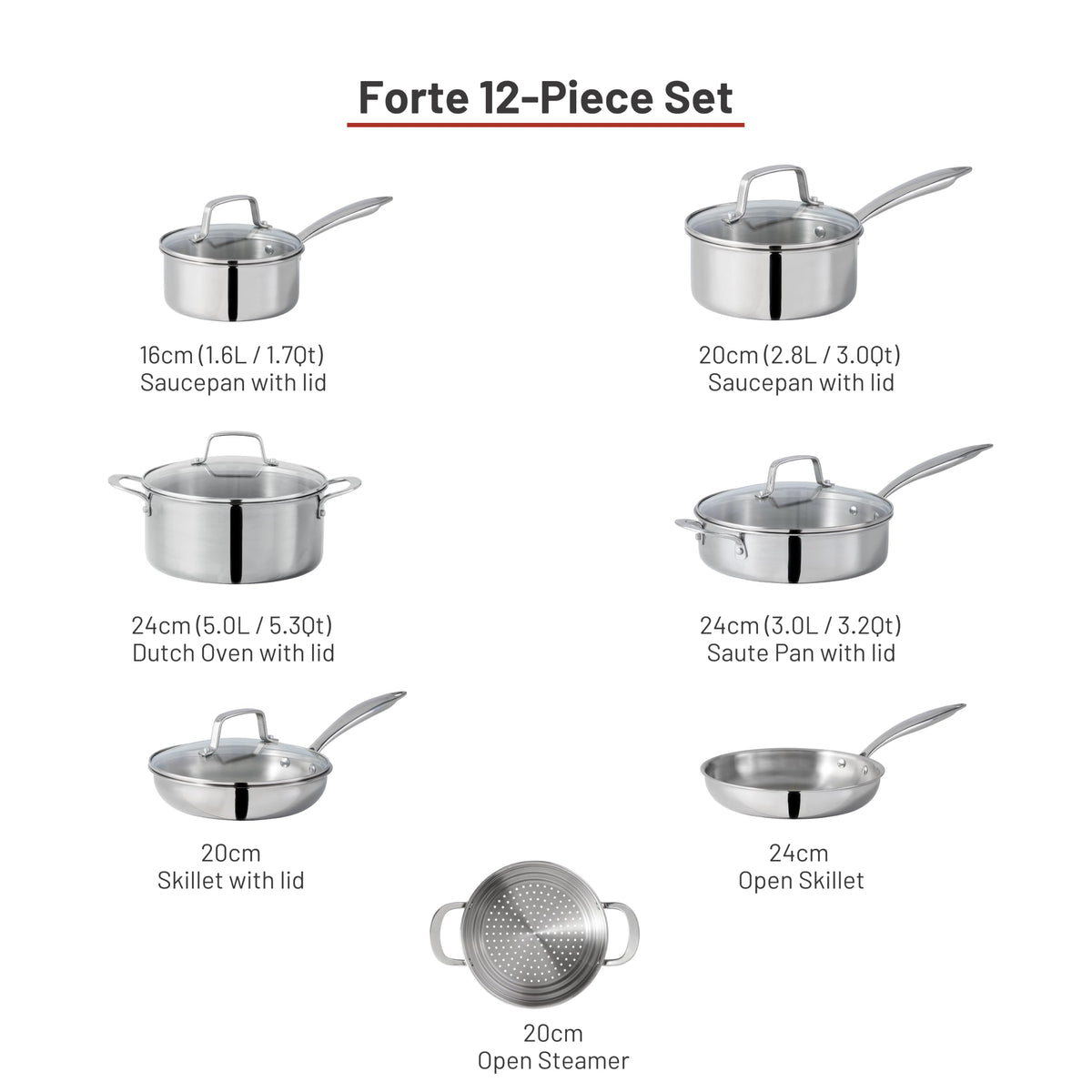 Lagostina Forte 3-Ply Clad 12-Pc Cookware Set, Stainless Steel Pots & Pans