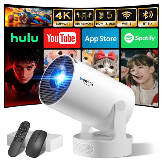 [Built-in Apps & 2026 Upgraded] Mini Projector with WiFi 6 and Bluetooth 5.4 Support 4K 1080P Auto Keystone 180° Rotatable Projector Portable Compatibile with HDMI/TV Stick/Memory Stick/Laptop, White