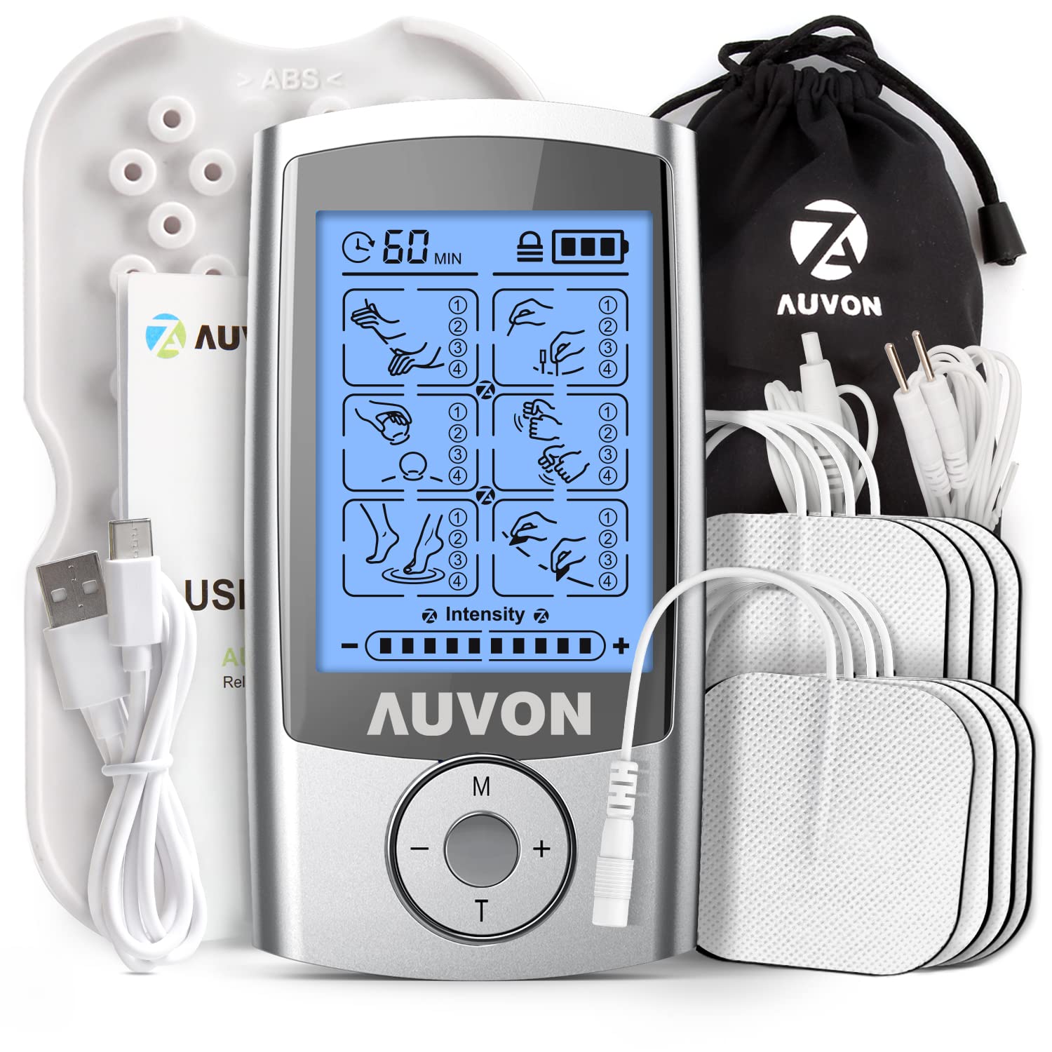 AUVON Rechargeable TENS Machine, 24 Modes 4th Gen TENS Unit Muscle Stimulator with 8pcs 2"x2" Premium Electrode Pads for Pain Relief, Back Pain, Neck Pain, Muscle Pain - Available at All In One Marketplace Canada