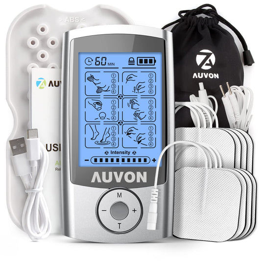 AUVON Rechargeable TENS Machine, 24 Modes 4th Gen TENS Unit Muscle Stimulator with 8pcs 2"x2" Premium Electrode Pads for Pain Relief, Back Pain, Neck Pain, Muscle Pain - Available at All In One Marketplace Canada