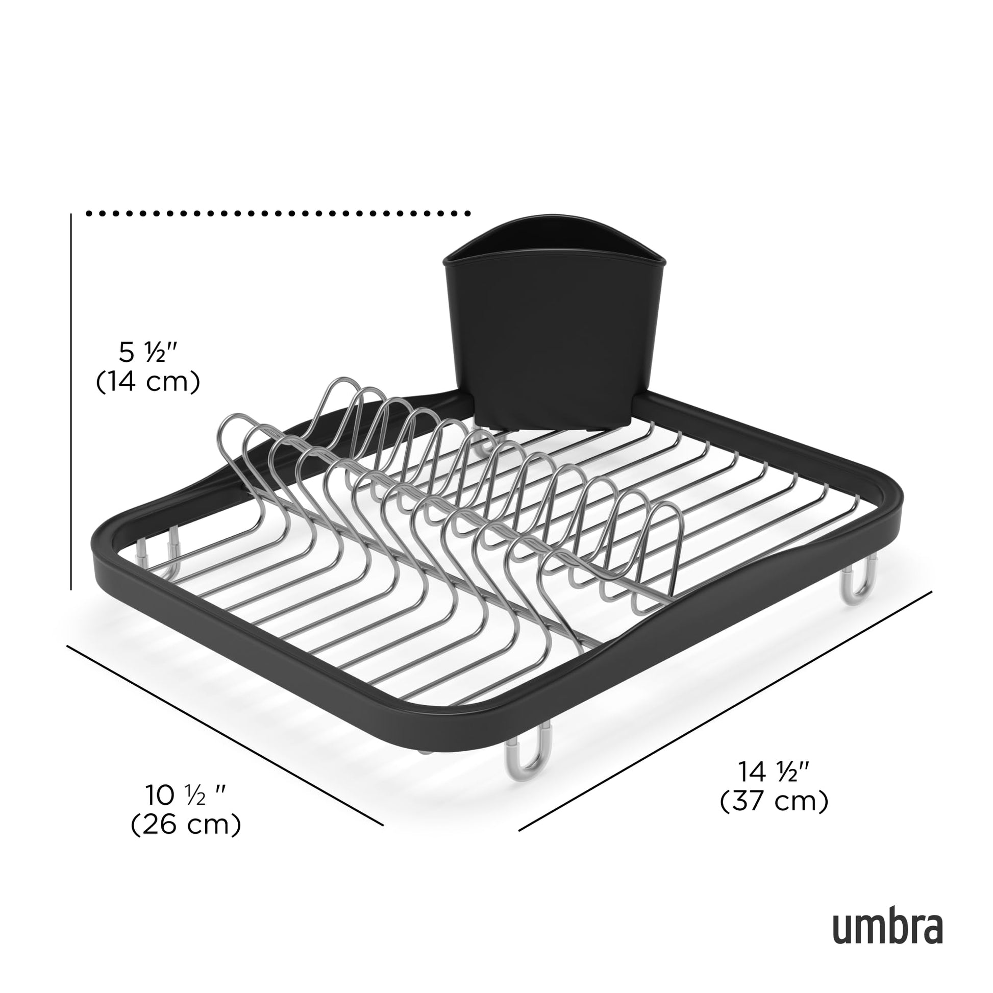 Umbra Sinkin Dish Drying Rack – Drainer Caddy with Removable Cutlery Holder – Use in Sink or On Counter, Standard, Black/Nickel Umbra