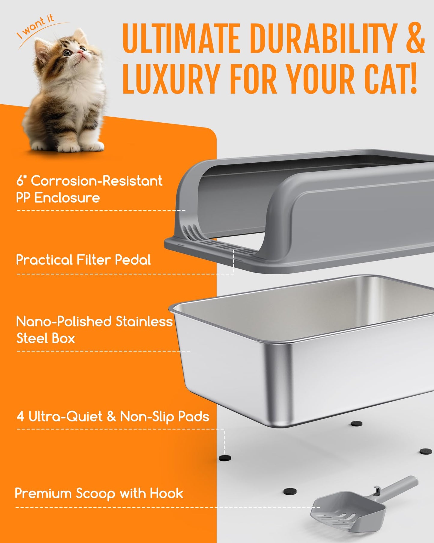 Powools Stainless Steel Cat Litter Box for Kittens, Metal Kitty Litter Box with Scoop, Anti-Leakage Top Entry, Non-Sticky, Easy to Clean, Grey, M (1 Pack) - Available at All In One Marketplace Canada