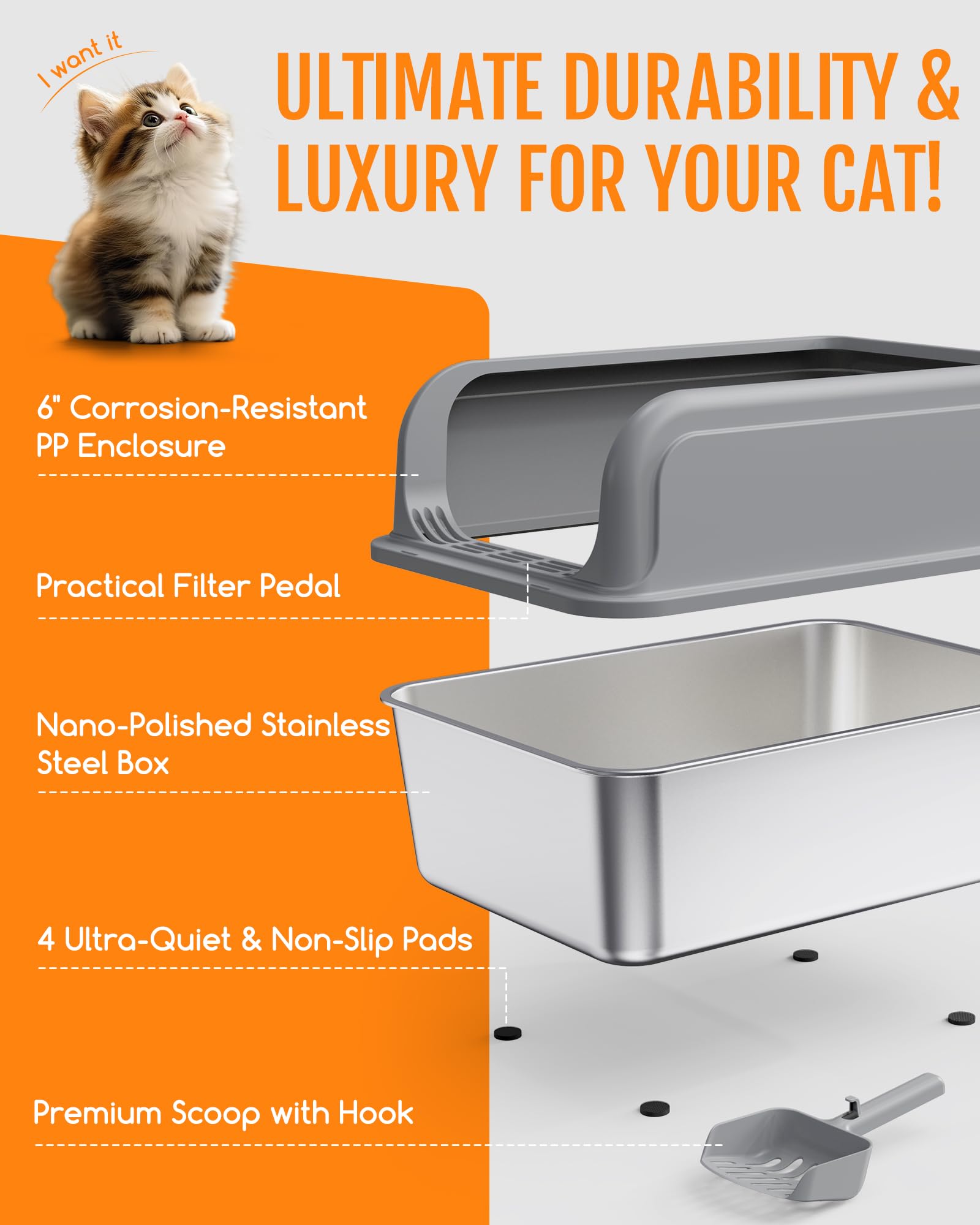 Powools Stainless Steel Cat Litter Box for Kittens, Metal Kitty Litter Box with Scoop, Anti-Leakage Top Entry, Non-Sticky, Easy to Clean, Grey, M (1 Pack) - Available at All In One Marketplace Canada