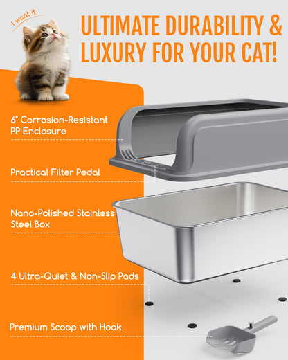 Powools Stainless Steel Cat Litter Box for Kittens, Metal Kitty Litter Box with Scoop, Anti-Leakage Top Entry, Non-Sticky, Easy to Clean, Grey, M (1 Pack) - Available at All In One Marketplace Canada