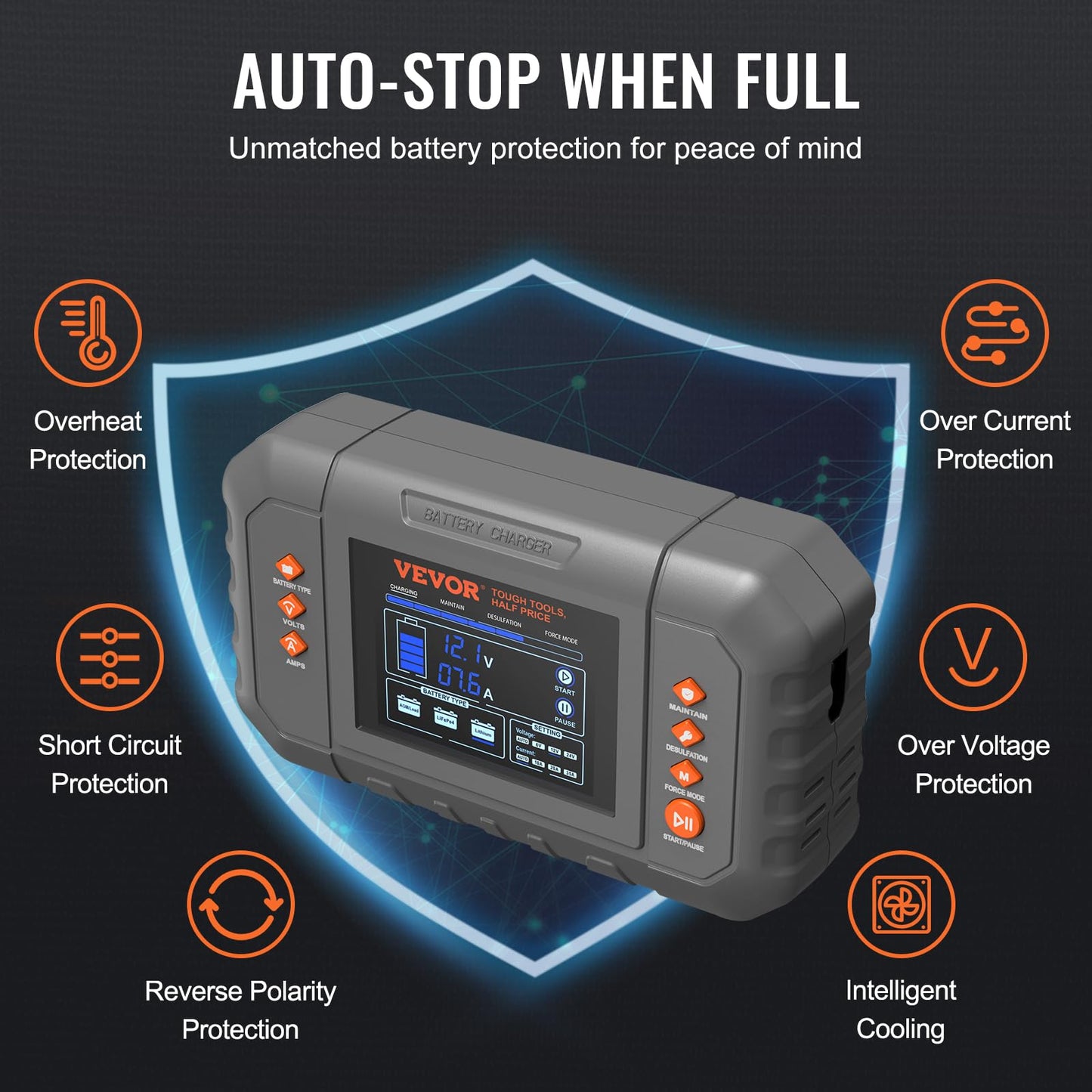 VEVOR Smart Battery Charger, 35-Amp, Lithium LiFePO4 Lead-Acid (AGM/Gel/SLA) Car Battery Charger with LCD Display, Trickle Charger Maintainer Desulfator for Boat Motorcycle Lawn Mower Deep Cycle VEVOR