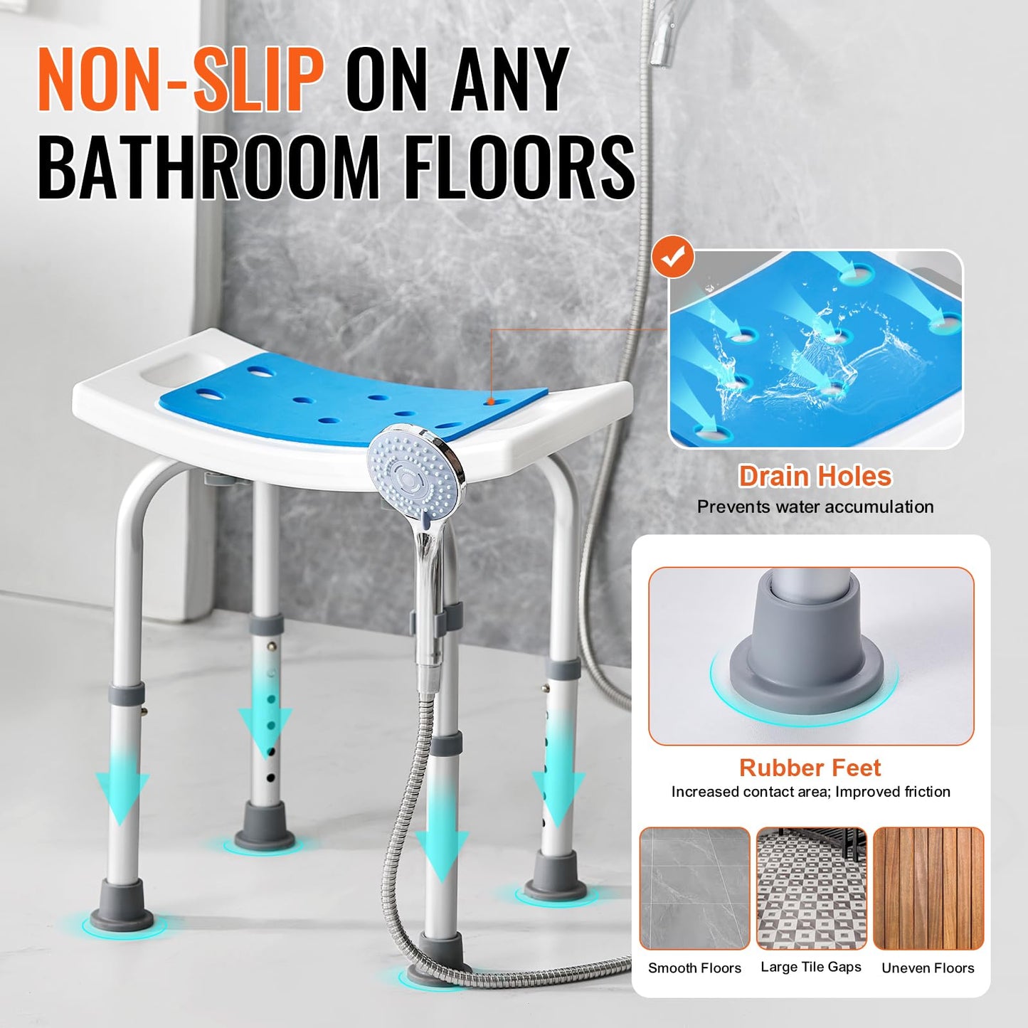 VEVOR Shower Chair, Adjustable Height Shower Stool, Shower Seat for Inside Shower or Tub, Non-Slip Bench Bathtub Stool Seat for Elderly Disabled Handicap, 350 LBS Capacity VEVOR