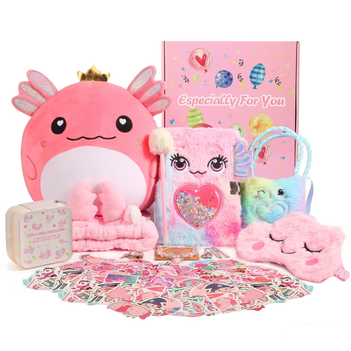 Axolotl Gift Set for Girls，Cute Axolotl Themed Gift Box with Fluffy Diary with lock and keys, Stickers, Pen and More Axolotl Accessories, Christmas Birthday Gifts for Girls 🍁 All In One Marketplace Canada