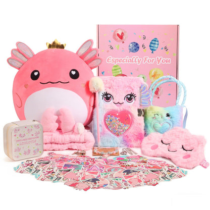 Axolotl Gift Set for Girls，Cute Axolotl Themed Gift Box with Fluffy Diary with lock and keys, Stickers, Pen and More Axolotl Accessories, Christmas Birthday Gifts for Girls 🍁 All In One Marketplace Canada